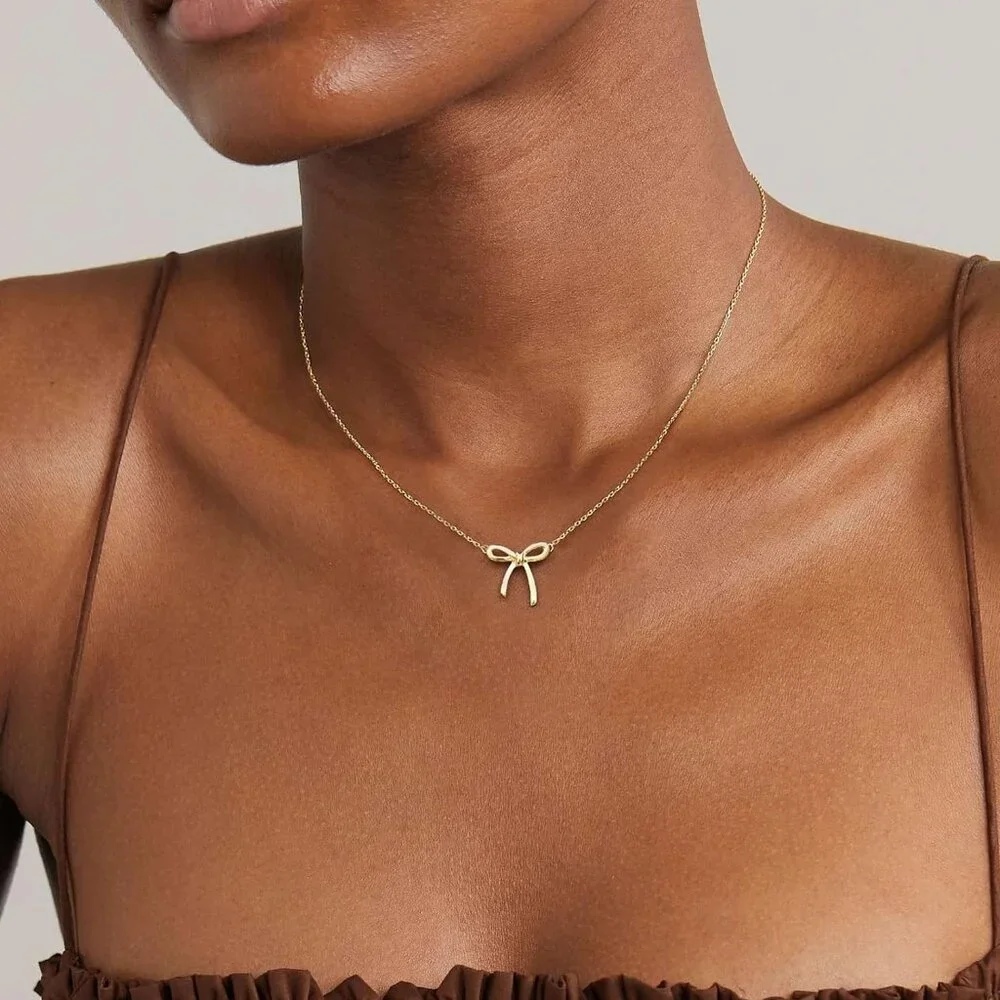 Women's Gold Necklace Cute Small Tiny Bow Pendant Choker Chain Necklace